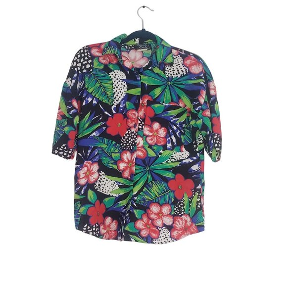 Vintage Womens Tropical Hawaiian Button Down Blouse Size S 80s Beach Nature Bold - Picture 1 of 7